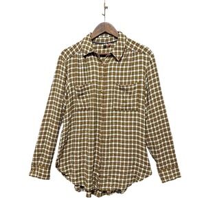 Anthropologie Pilcro Relaxed Brown Plaid Gauzy Button Up Shirt Womens Sz M Tunic